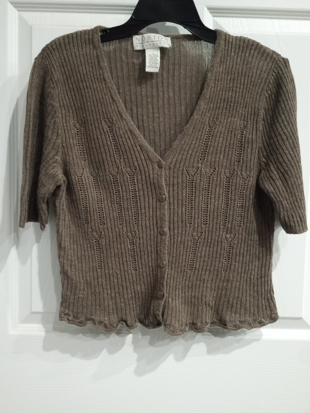 Norton McNaughton Taupe Ribbed V-Neck Button Short Sleeve Sweater